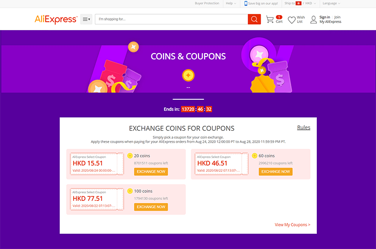 Coins and Coupons at Aliexpress Hk